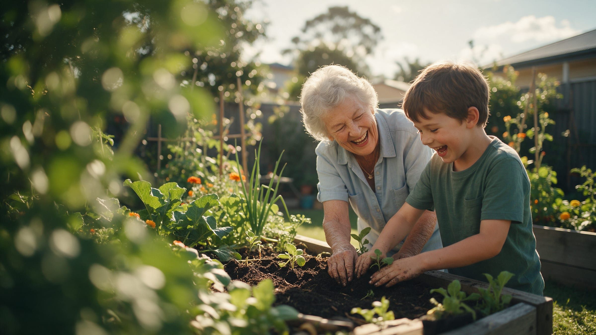 An older woman laughing as she plants seedlings with her grandson in a backyard garden bed