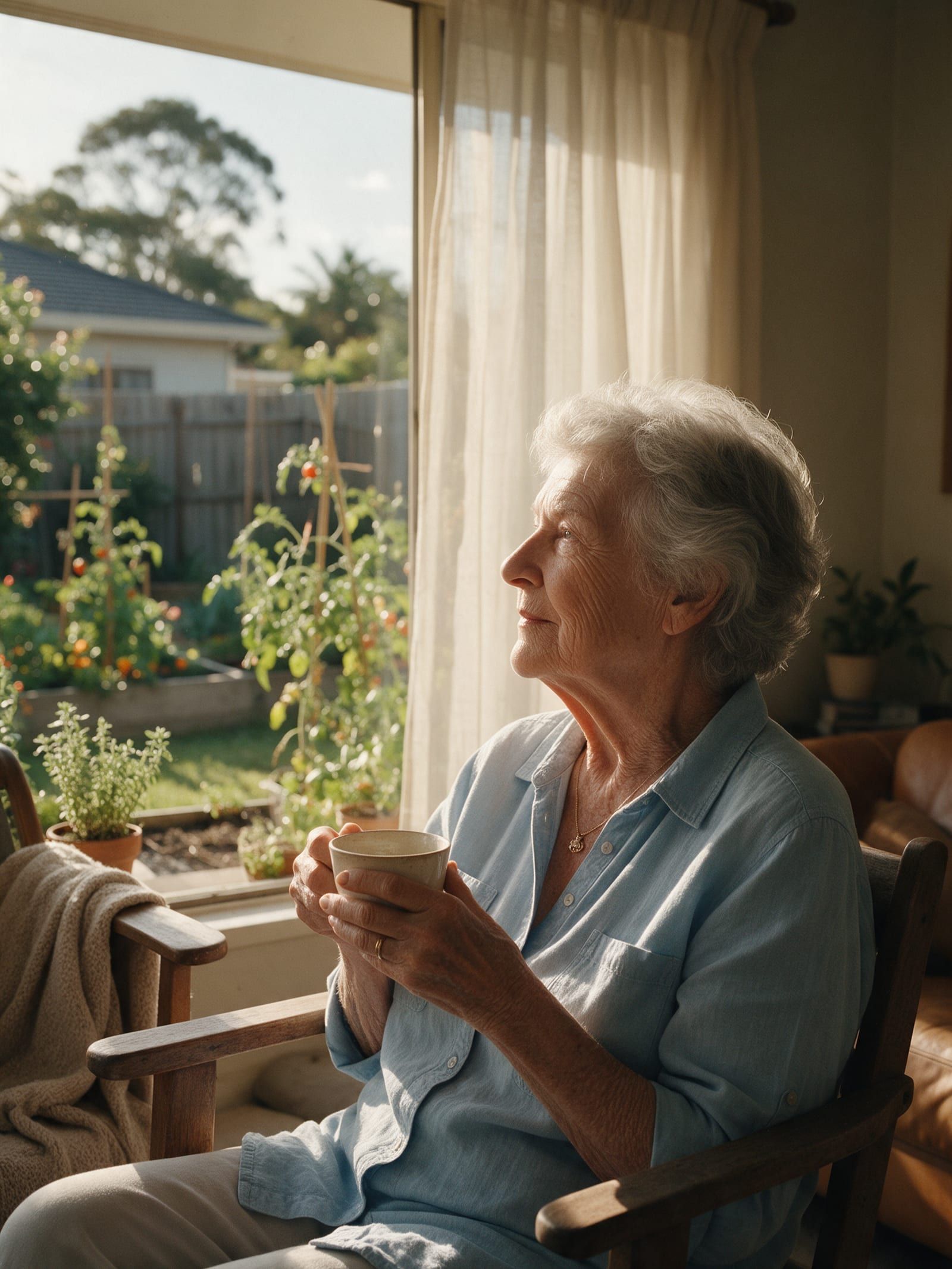 Older woman sitting by a sunlit window
