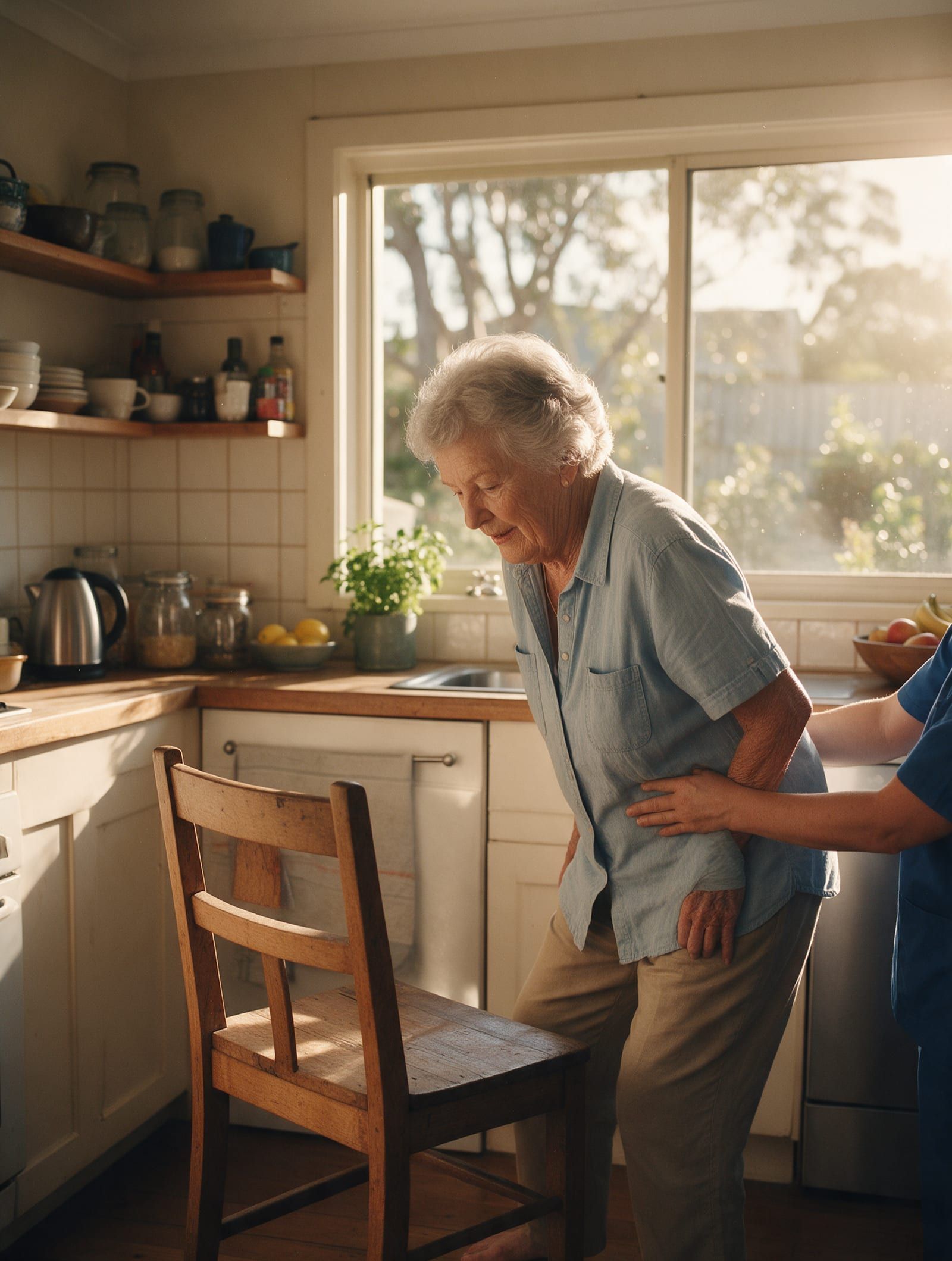 Physiotherapist guiding a sit-to-stand exercise