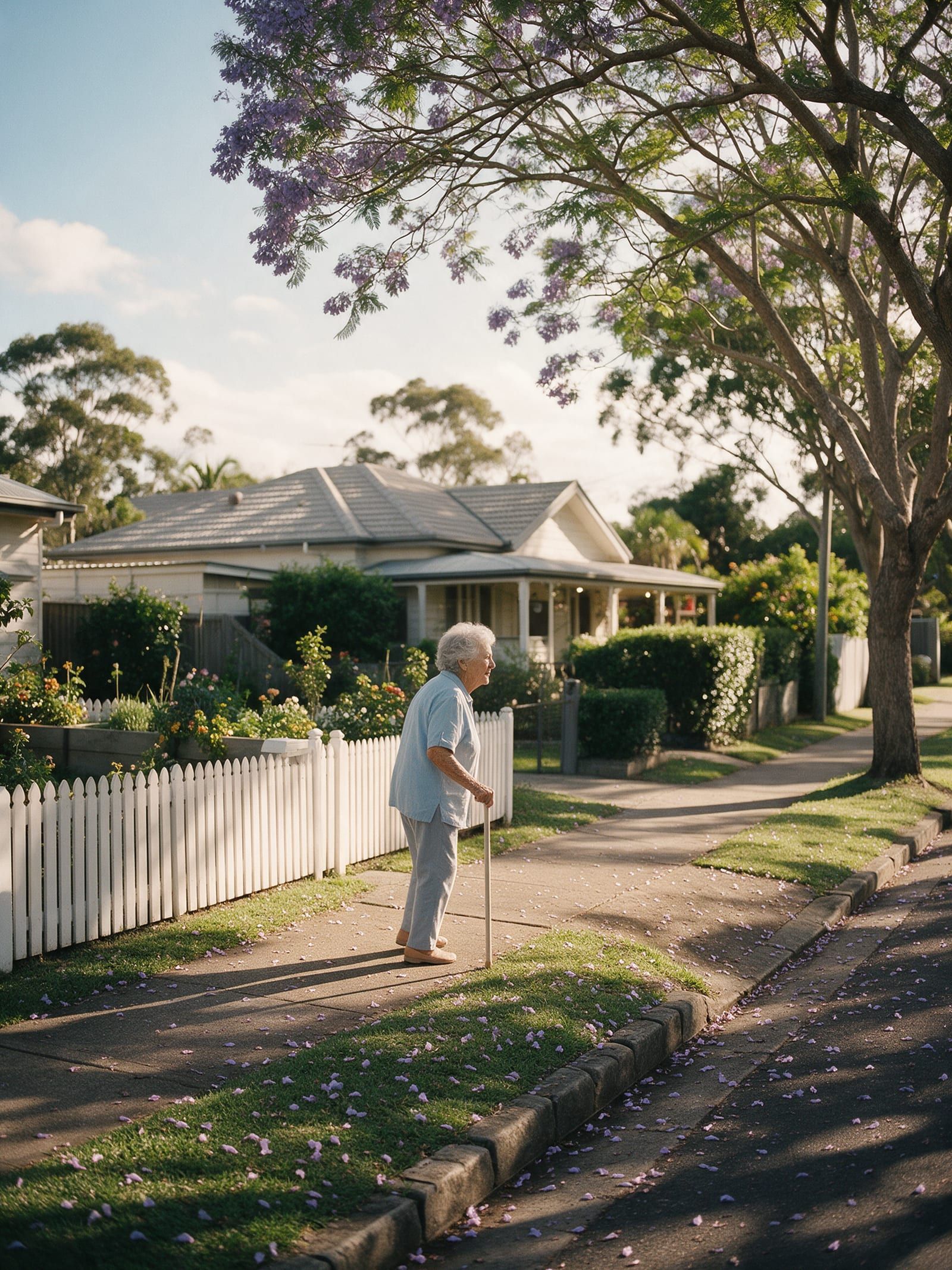 Older woman walking on a suburban footpath