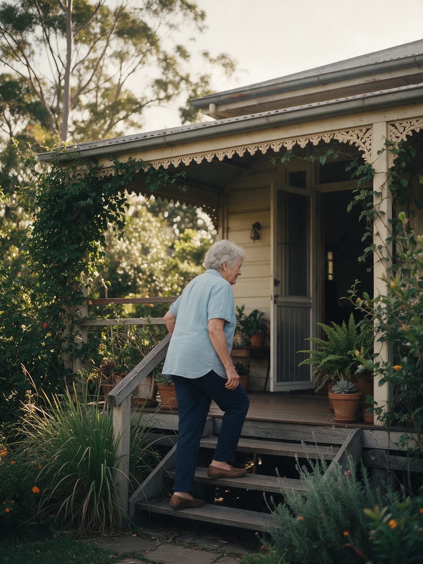 Older woman climbing verandah steps with a handrail