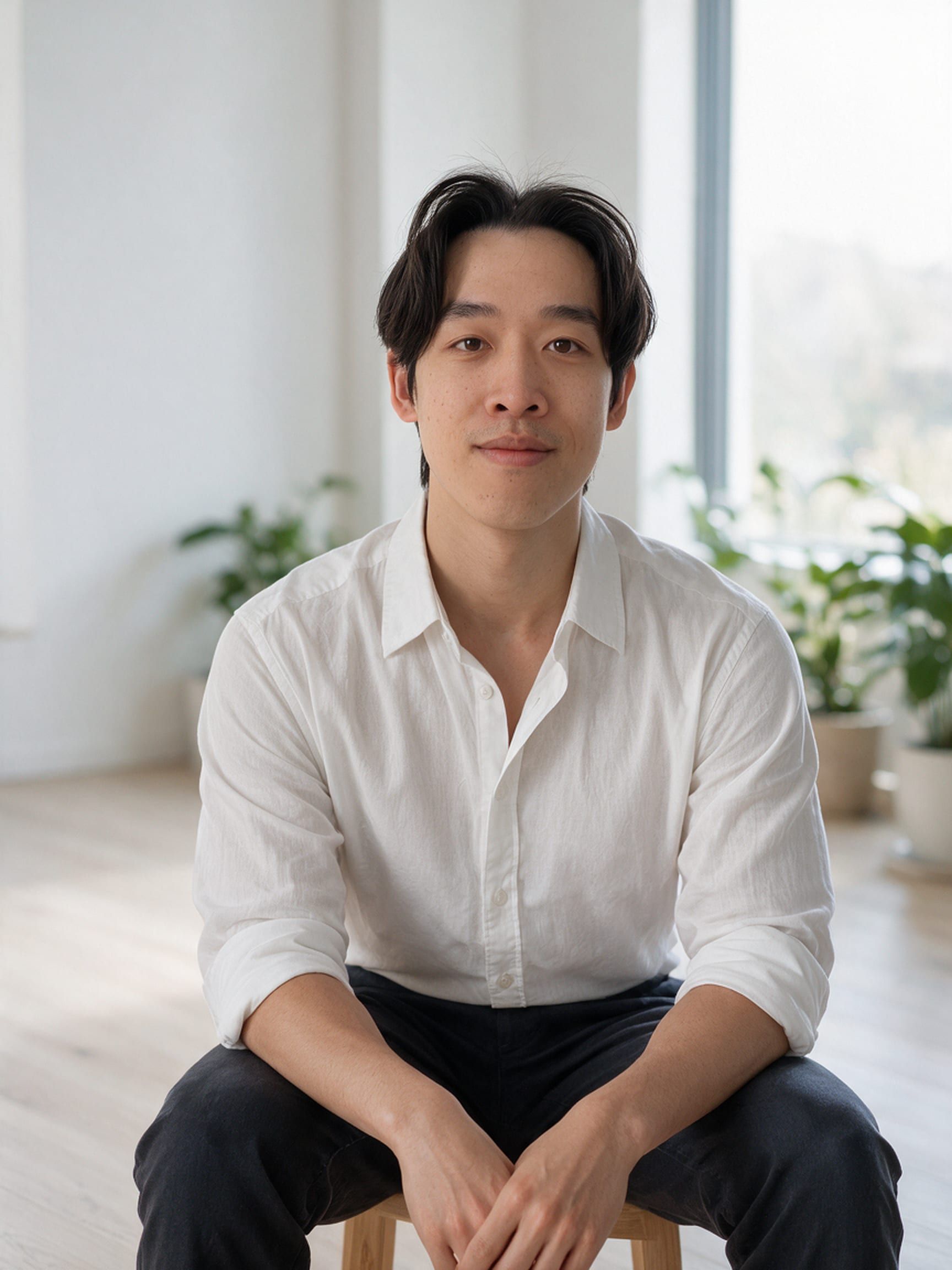 Yoshiki Chen, Principal Physiotherapist, smiling and sitting on a wooden stool in a bright, sunlit room with plants
