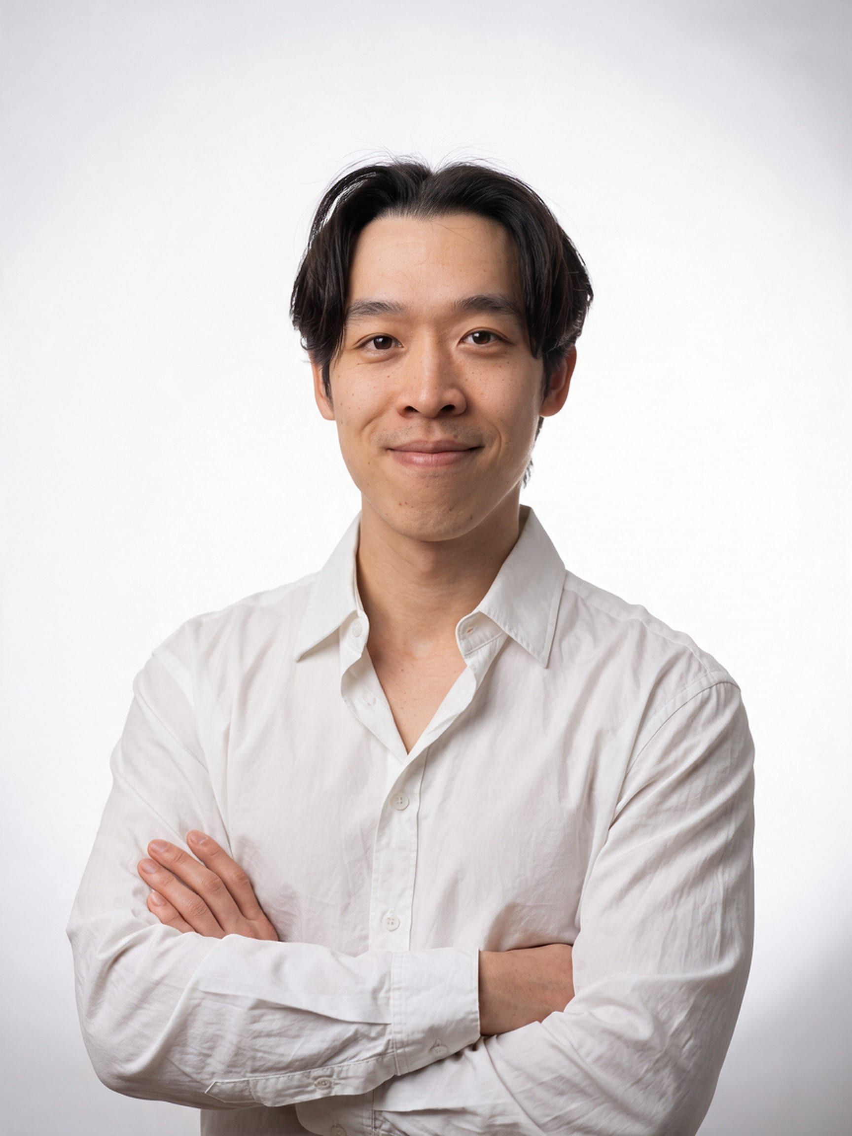 Yoshiki Chen, Principal Physiotherapist, smiling with his arms folded, in a white shirt against a plain white background